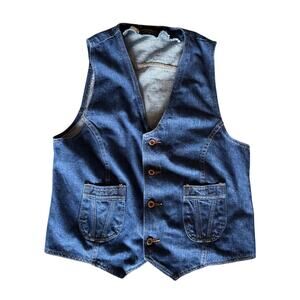 Vintage 60's-70's Wrangler USA Made Dark Wash Denim Medium Copper Button Up Vest